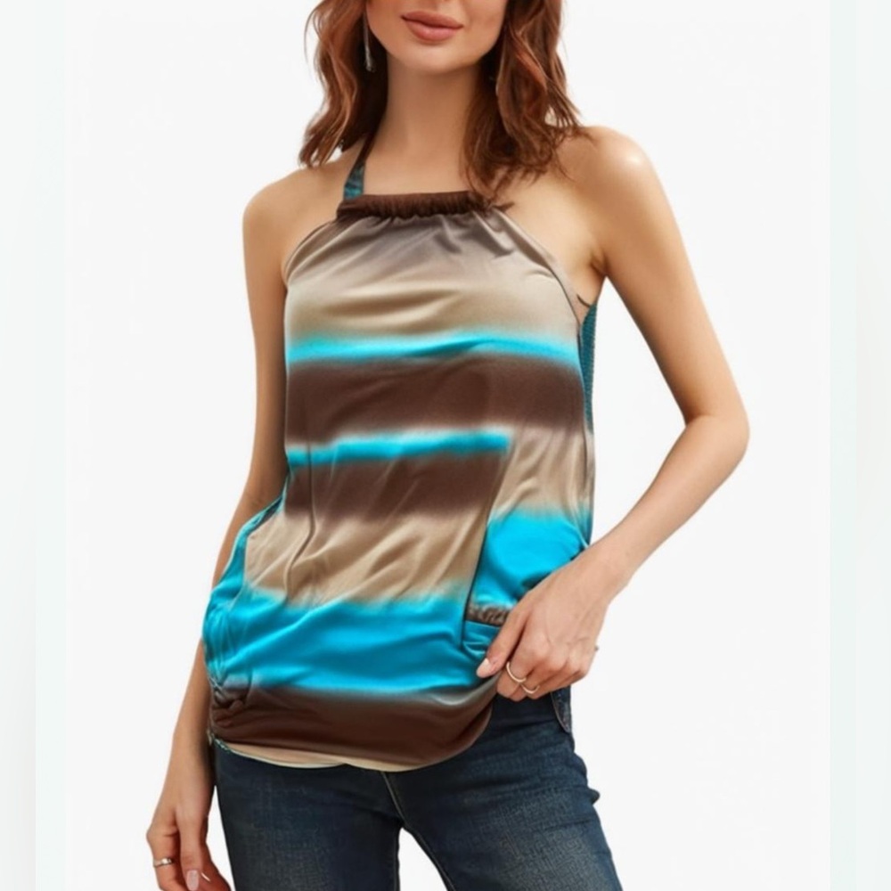 Sushi Flower Turquoise Brown Ombré Halter Top Boho Beach Tie Dye Medium